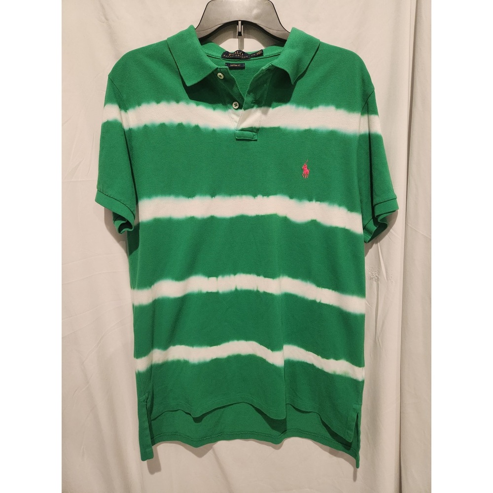 Polo Ralph Lauren Green Tie Dye Stripe Polo Shirt Custom Fit Large Pink Pony